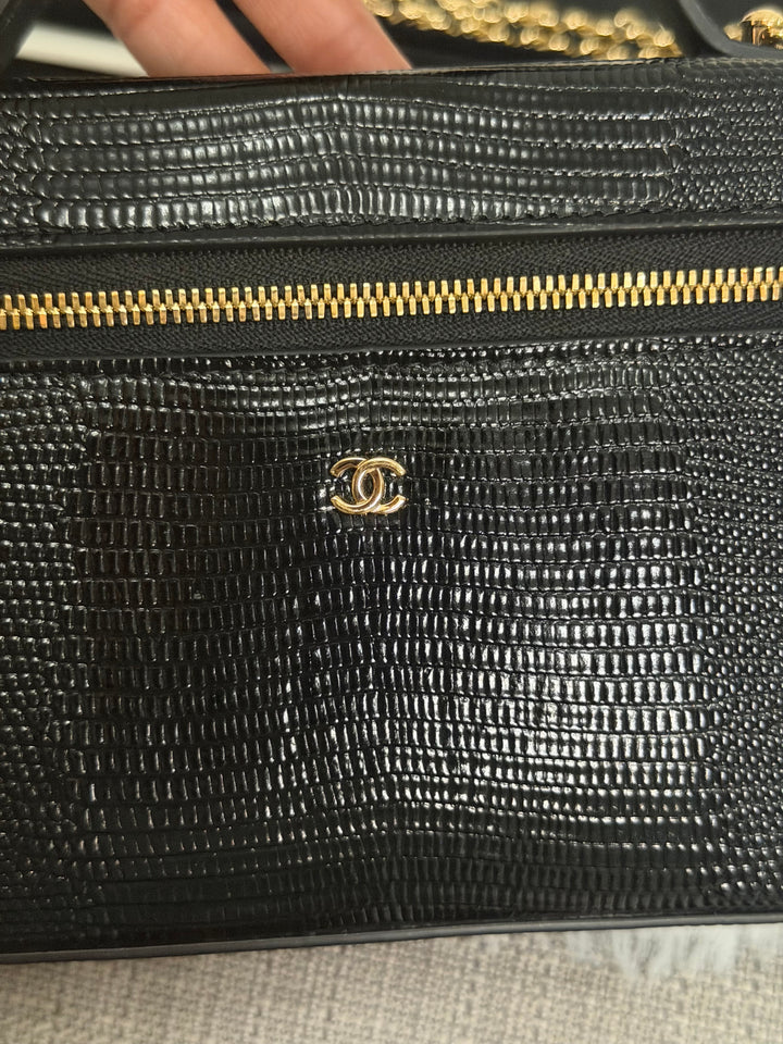 CHANEL Black Lizard Embossed Calf Skin GHW LP Long Vanity with top handle 26A 2026
