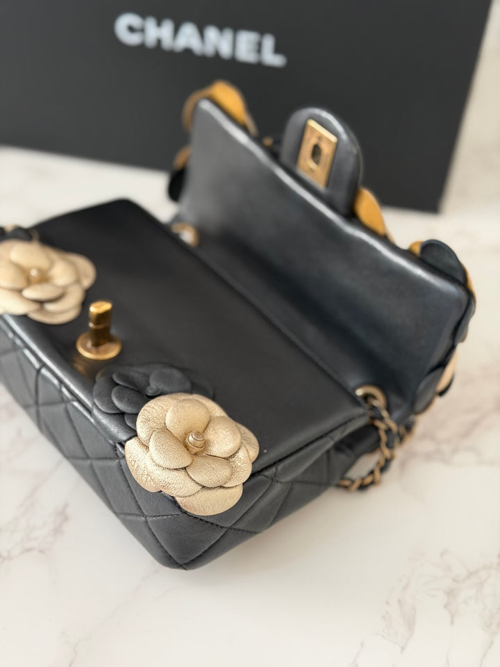 CHANEL series 21 Black Metallic Gold Camellia Flower Lambskin Mini Rectangular Flap Bag with Vintage GHW