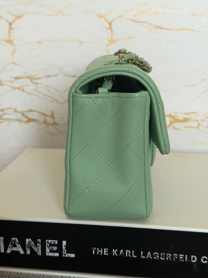 CHANEL Pastel Green Lambskin LGHW Mini Rectangular Flap Bag 2024 8 inches 20 cms