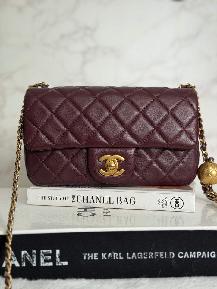CHANEL 21B Burgundy Lambskin Aged GHW Pearl Crush Adjustable Chain Mini rectangular flap Bag 2021