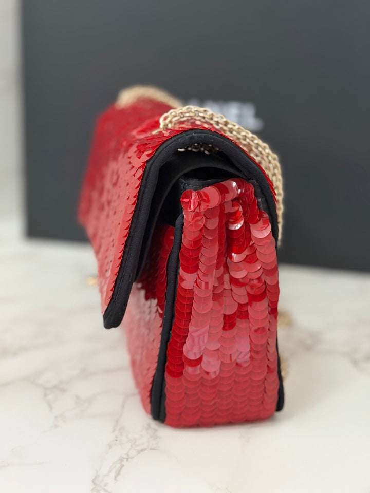 CHANEL series 13 2010 Red Sequin and Black Satin Paris-Shanghai Medium Flap Bag Gold Hardware