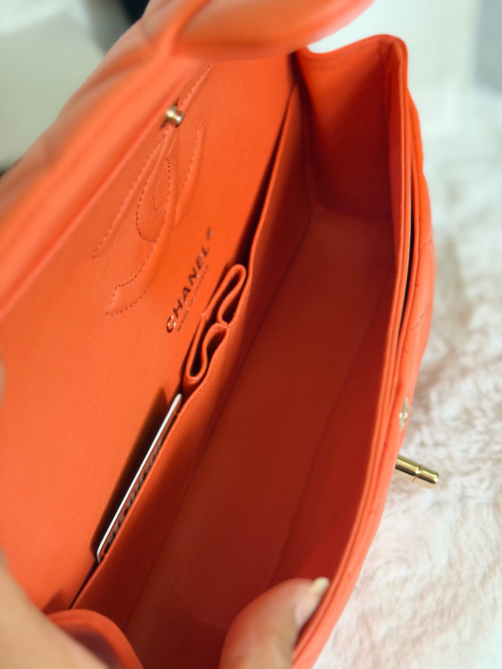 CHANEL 20S Orange Lambskin LGHW Medium ML Timeless Classic Double Flap Bag