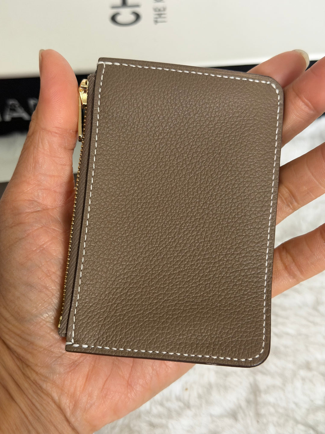 HERMÈS Mini Roulis Slim Wallet in Ecorce outer and Etoupe inner Evercolor leather GHW