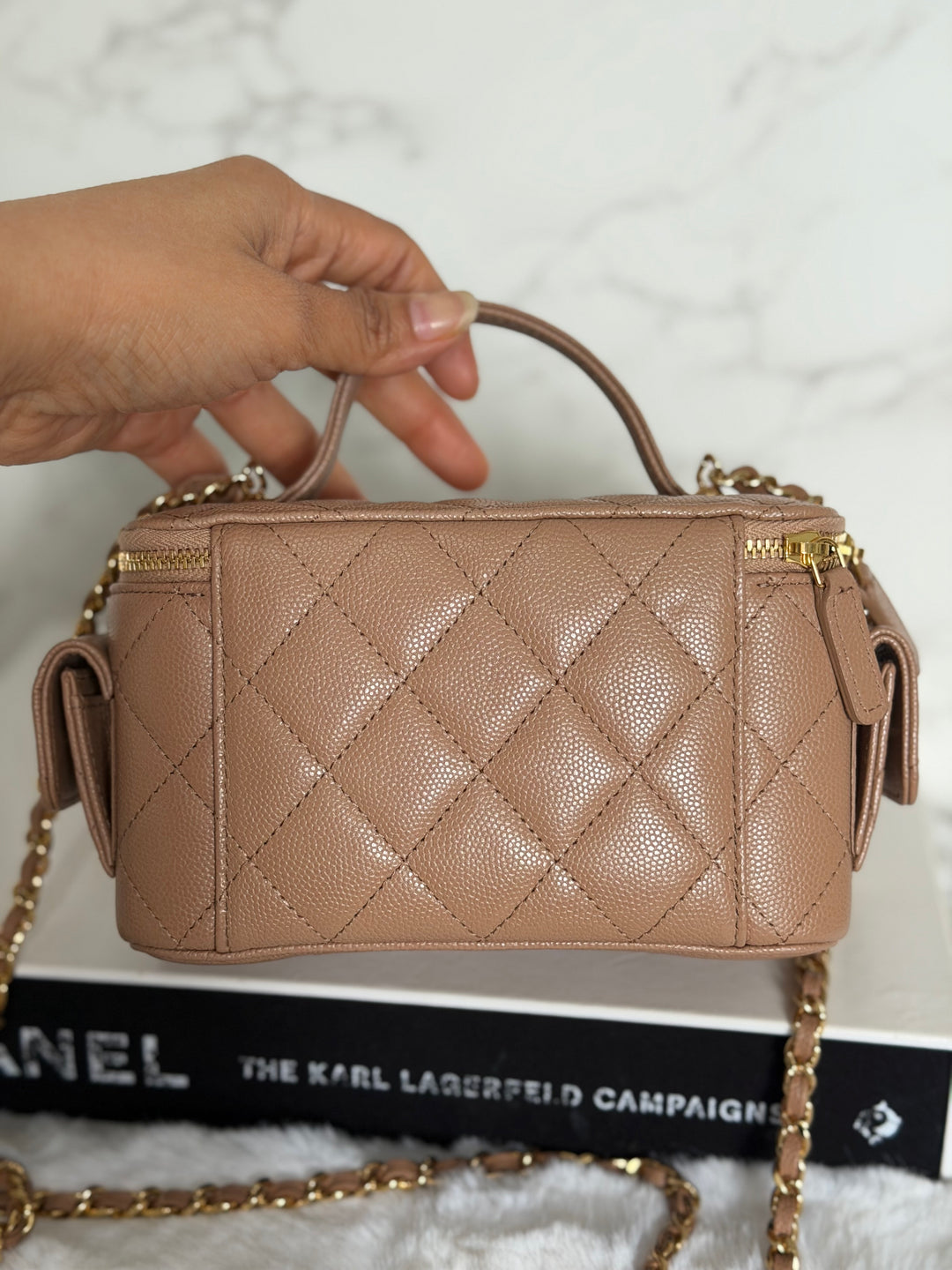 CHANEL Dark Beige Caviar Cargo Polly Pocket Vanity Case with Top Handle GHW 2023