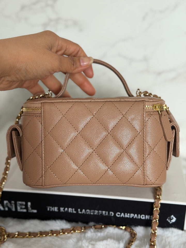 CHANEL Dark Beige Caviar Cargo Polly Pocket Vanity Case with Top Handle GHW 2023