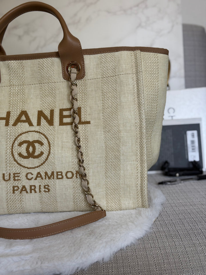 CHANEL series 29 Beige and Brown Stripe Medium 15 inches Deauville Tote Bag 2020