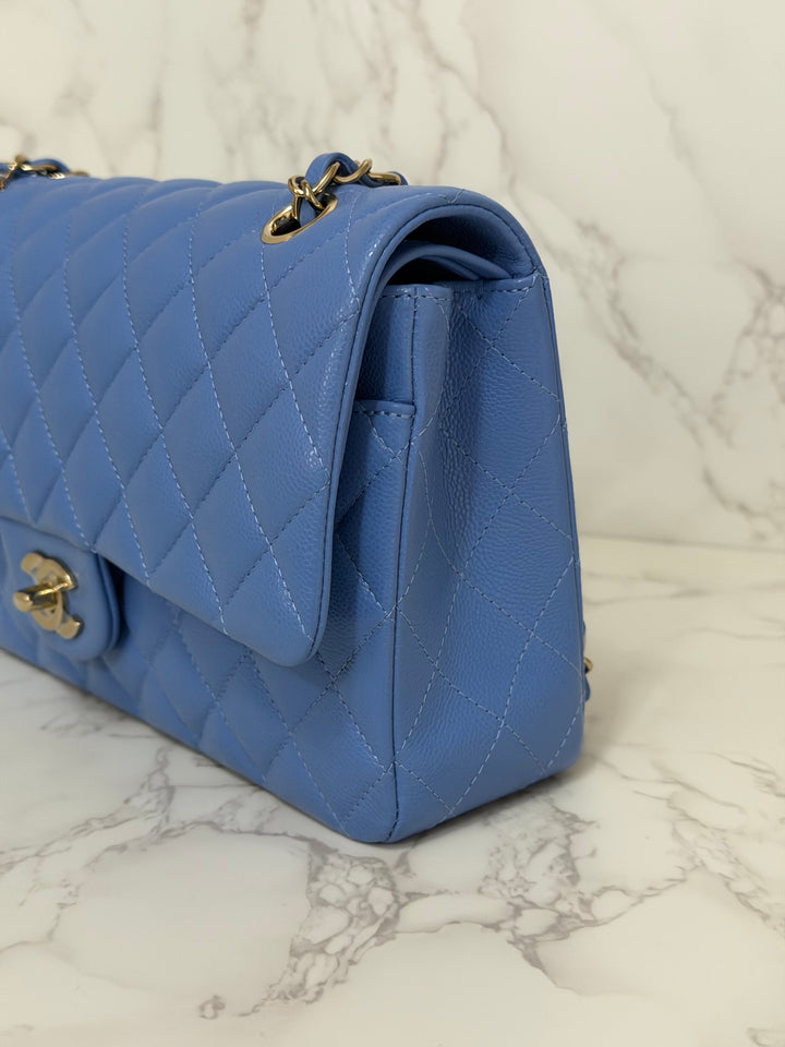 CHANEL 25C 2025 Periwinkle Blue Caviar LGHW Medium ML Timeless Classic Double Flap Bag