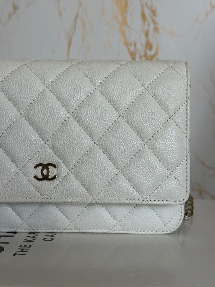 CHANEL White Caviar LGHW Classic Wallet on Chain (WOC) 2024