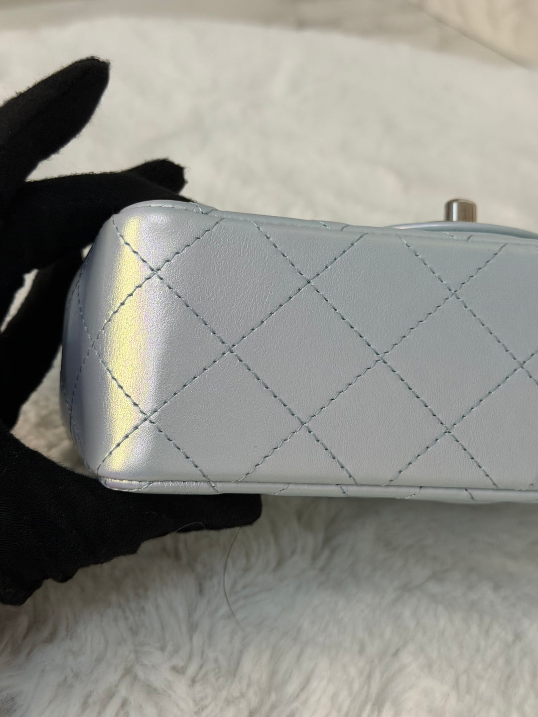 CHANEL 21K 2021 Iridescent light Blue Calf skin SHW Mini rectangular flap bag microchip