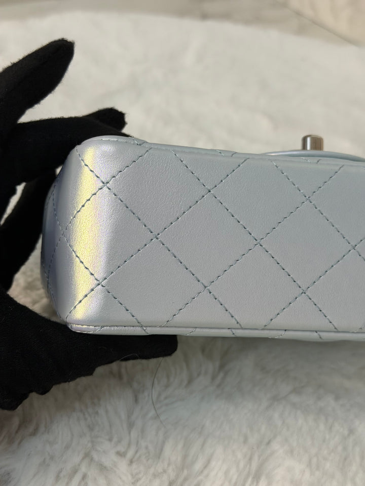 CHANEL 21K 2021 Iridescent light Blue Calf skin SHW Mini rectangular flap bag microchip