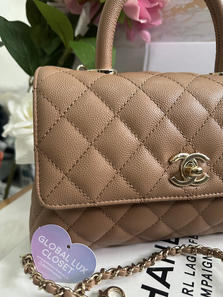 Chanel 22K Pre Fall/Winter 2022 Dark Beige Caviar LGHW Coco Handle Size Small with detachable strap