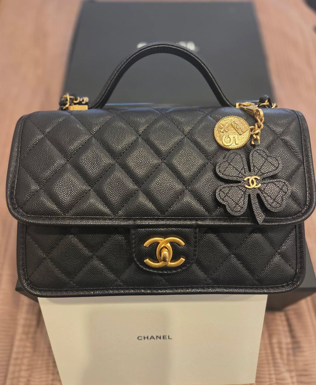 CHANEL 25B 2025 Top Handle Black Caviar Aged GHW with Charm
