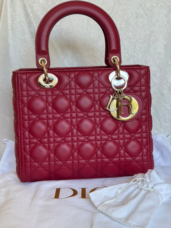 Christian Dior Lady Dior Medium in Red Lambskin GHW (2021)