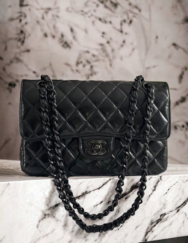 CHANEL So Black Glazed Calf Skin So Black Hardware series 30 Small classic double flap bag