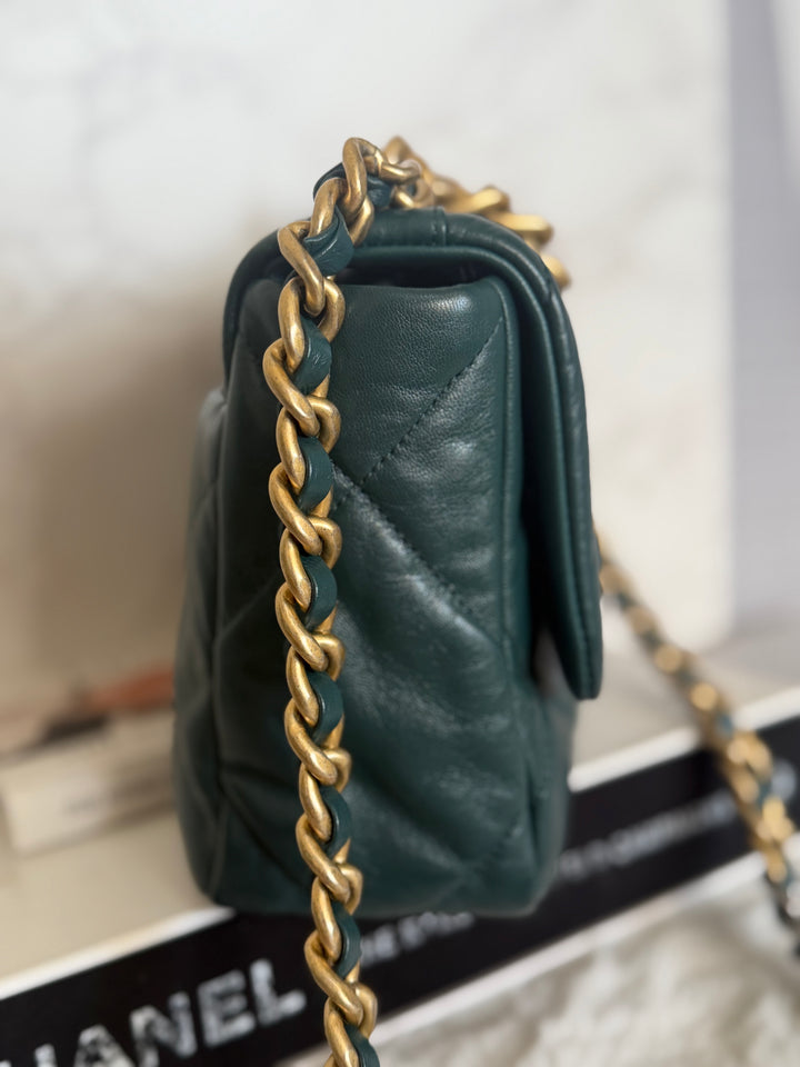 CHANEL 19 size SMALL in 20B Teal Dark Green Goat skin mixed hardware 2020