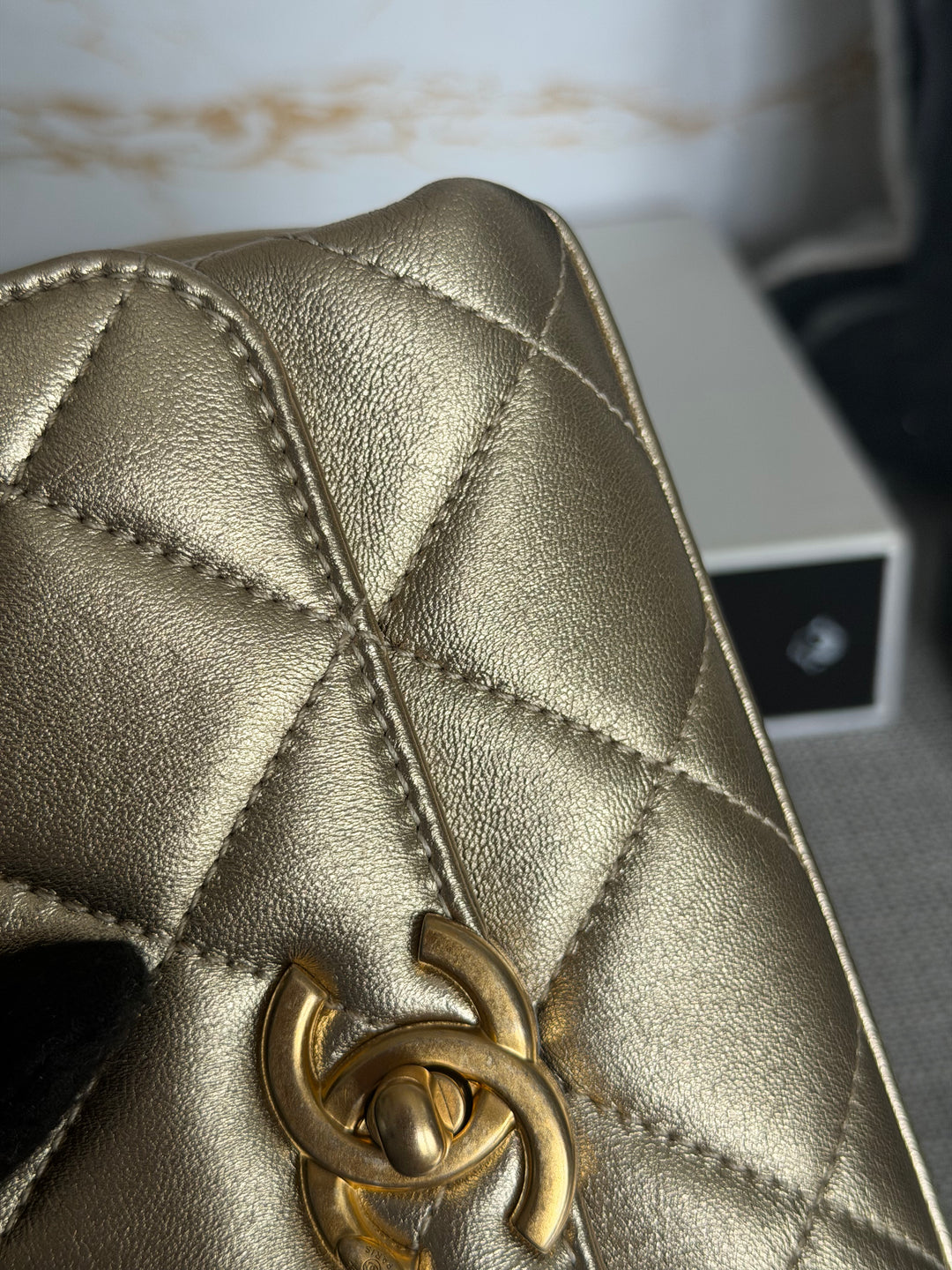 CHANEL Gold Metallic Lambskin CC Crystal Logo Chain Flap Bag 2022