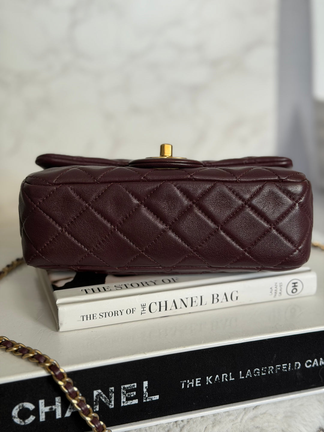 CHANEL 21B Burgundy Lambskin Aged GHW Pearl Crush Mini Rectangular Flap Bag 2021