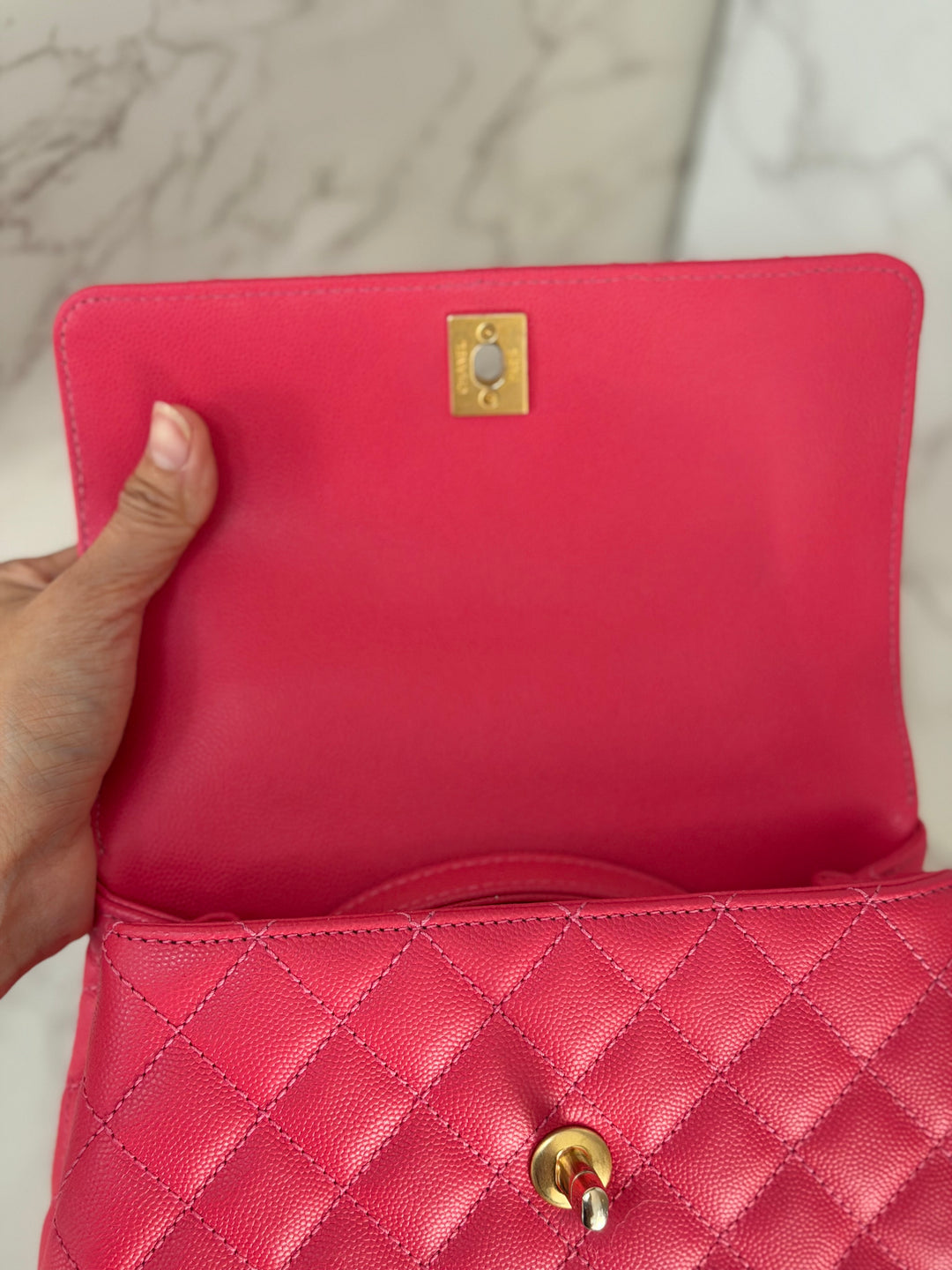 Chanel 23P Collection 2023 Dark Pink Caviar Aged GHW Coco Handle with Detachable Strap and enchained handle size Small