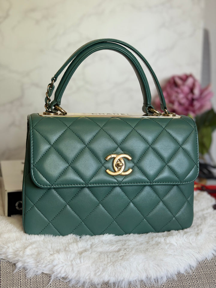 CHANEL series 26 Green Lambskin LGHW Small Trendy CC Top Handle Flap Bag 2018