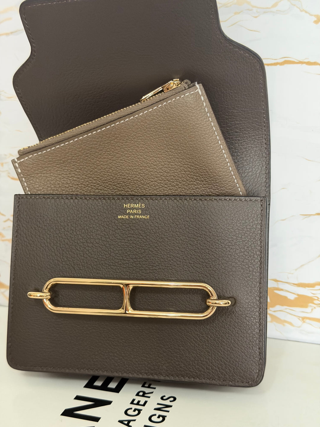 HERMÈS Mini Roulis Slim Wallet in Ecorce outer and Etoupe inner Evercolor leather GHW