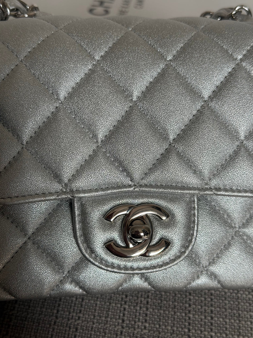 CHANEL Metallic Silver Lambskin SHW Square Mini Flap Bag 2021 21P collection series 31