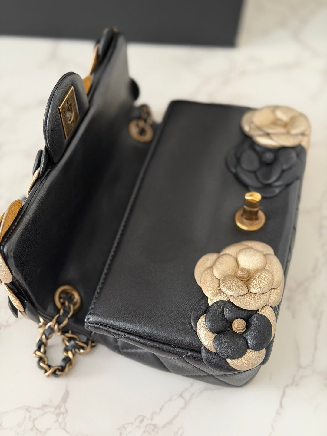 CHANEL series 21 Black Metallic Gold Camellia Flower Lambskin Mini Rectangular Flap Bag with Vintage GHW