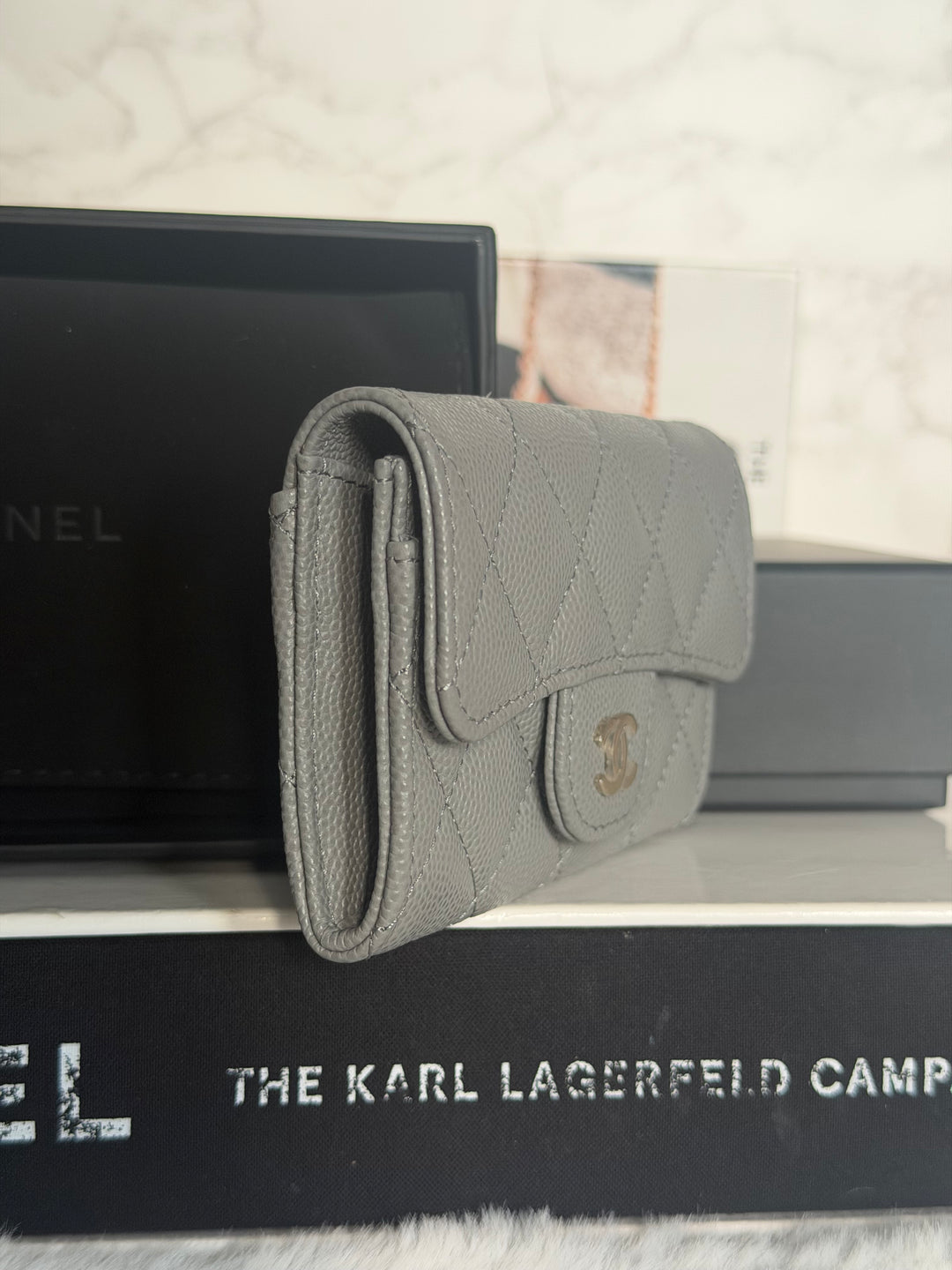 CHANEL 22B Grey Caviar LGHW Classic Flap Snap Card Holder 2022