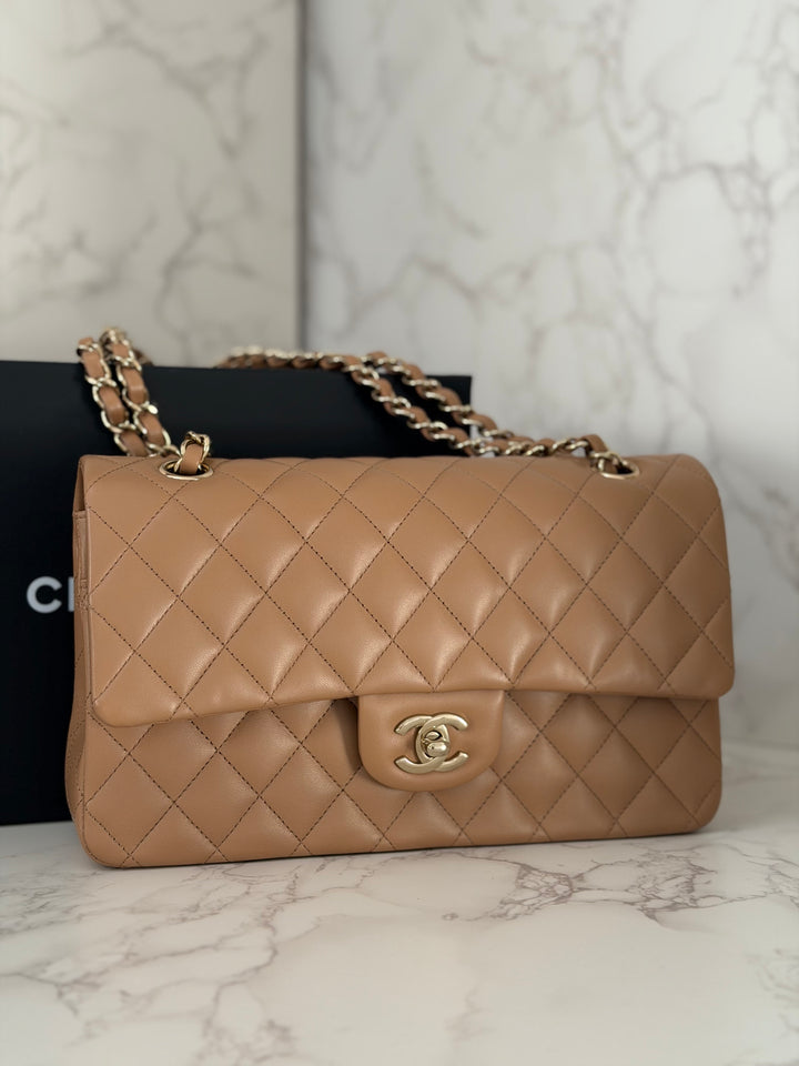 CHANEL 22K 2022 Dark Beige Lambskin LGHW Medium ML Timeless Classic Double Flap Bag