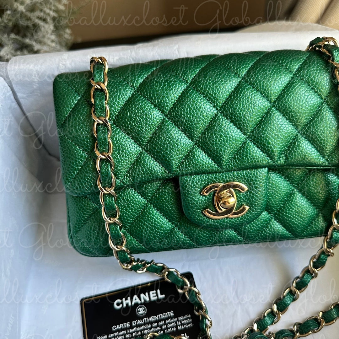 CHANEL 18S Series 25 Emerald Green Caviar LGHW Mini rectangular flap bag 2018 RARE UNICORN FIND
