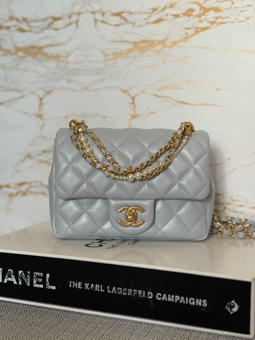 CHANEL Pearl Twist Pearly Light Blue Lambskin Mini Flap Bag 2023
