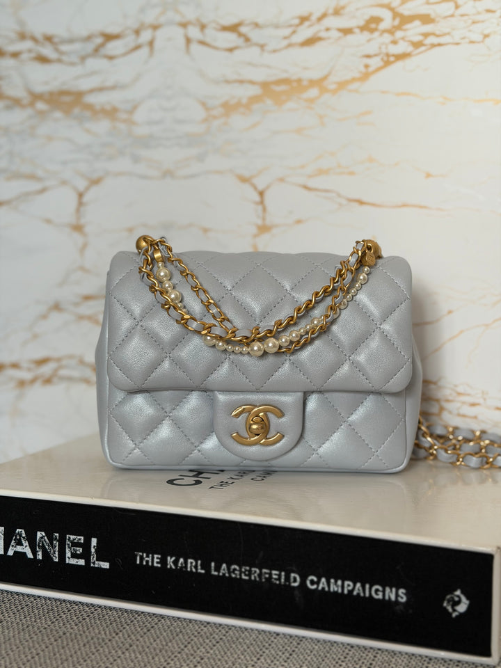 CHANEL Pearl Twist Pearly Light Blue Lambskin Mini Flap Bag 2023