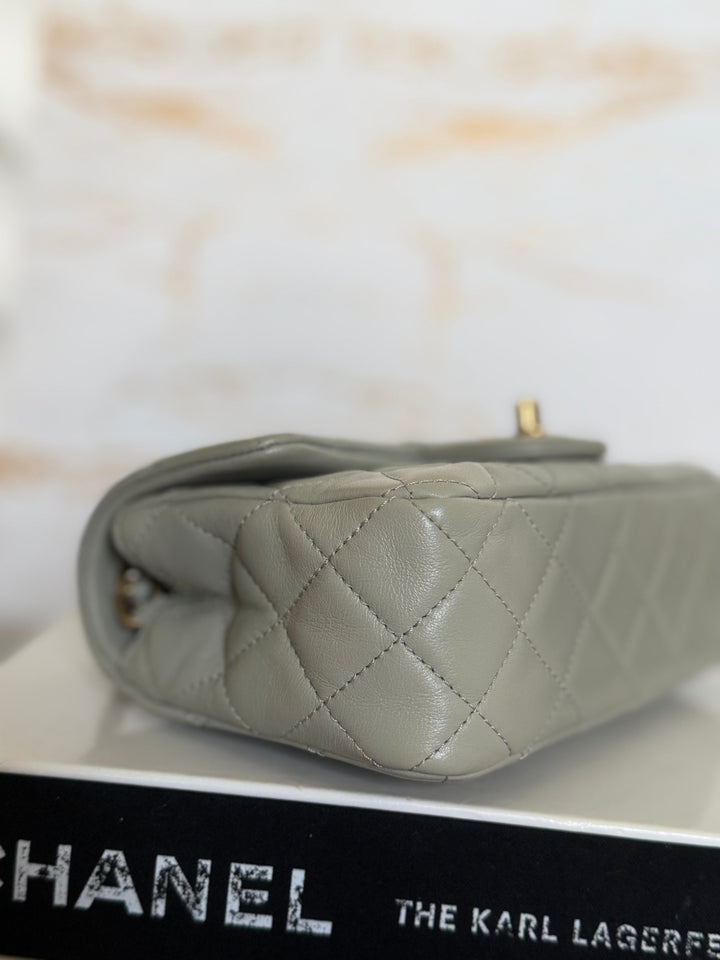 CHANEL Grey Lambskin Aged GHW Pearl Crush Adjustable Chain Mini Rectangular Flap Bag 2021