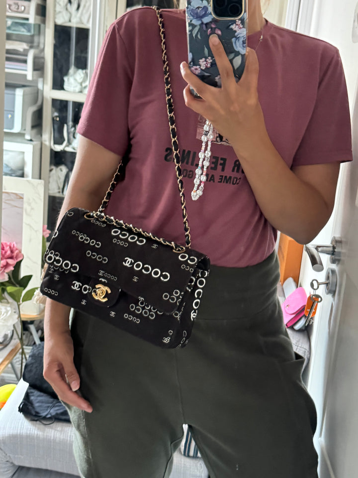 Chanel series 7 2002/2003 Black Canvas Quilted COCO Medium Classic Flap Light Gold Hardware