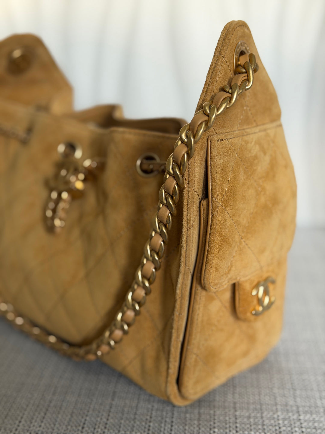 CHANEL 26C Dark Beige Camel Suede U5319 Aged GHW Mini 25 Hobo Bag