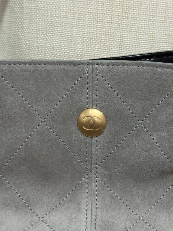 CHANEL 2025 25A collection Grey Suede Black Calf skin Leather Hobo Bag size Small