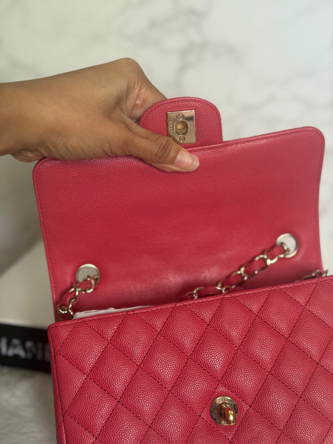 CHANEL 17C series 23 Pink Caviar LGHW Mini Rectangular Flap Bag with edge stitching 2016/2017