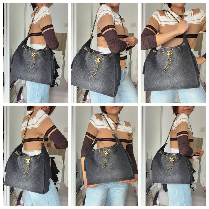 CHANEL 25S 2025 Black Denim Medium 25 Hobo Bag with Detachable Pouch Aged GHW
