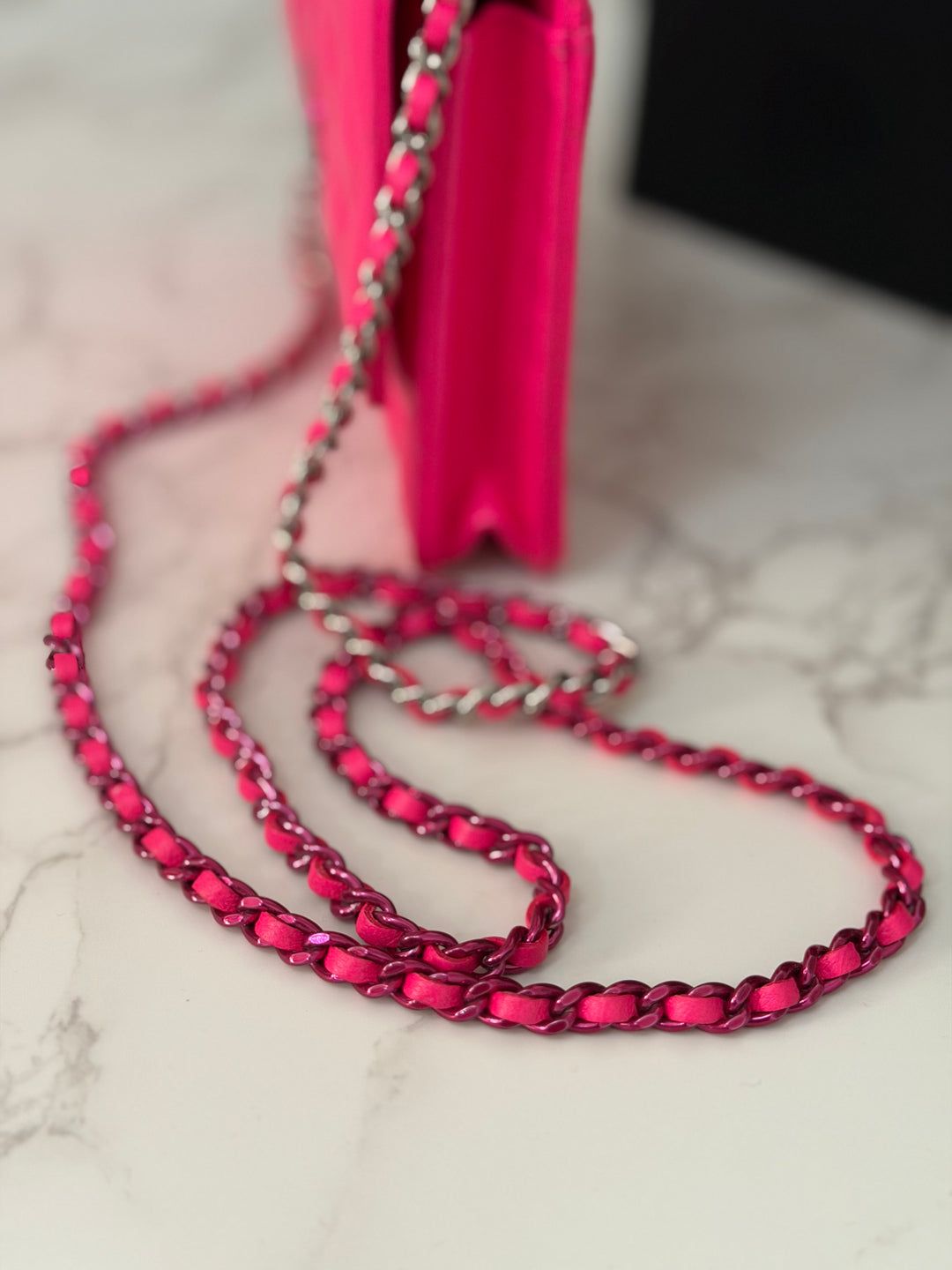 CHANEL 24C 2023/2024 Bright Hot Pink Ombré Hardware Square Wallet on Chain (WOC)