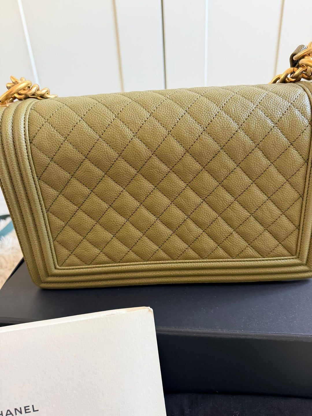 CHANEL series 23 Khaki Green Caviar with Pink lining NEW Medium Le Boy Flap Bag 2016