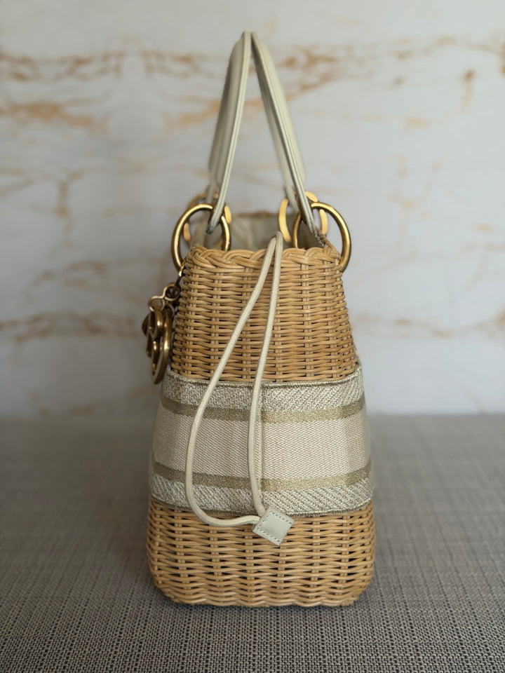 DIOR Lady Dior White/Gold Wicker Bag size SMALL with Guitar Strap