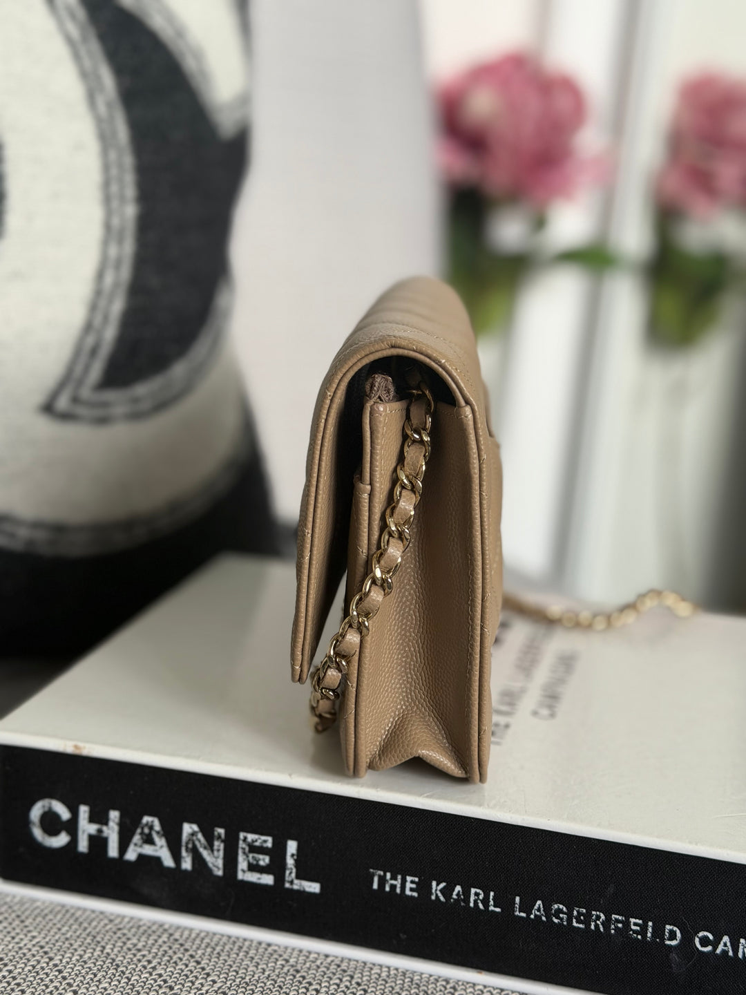 CHANEL 22A Dark Beige Caviar LGHW Classic Wallet on chain (WOC) 2023