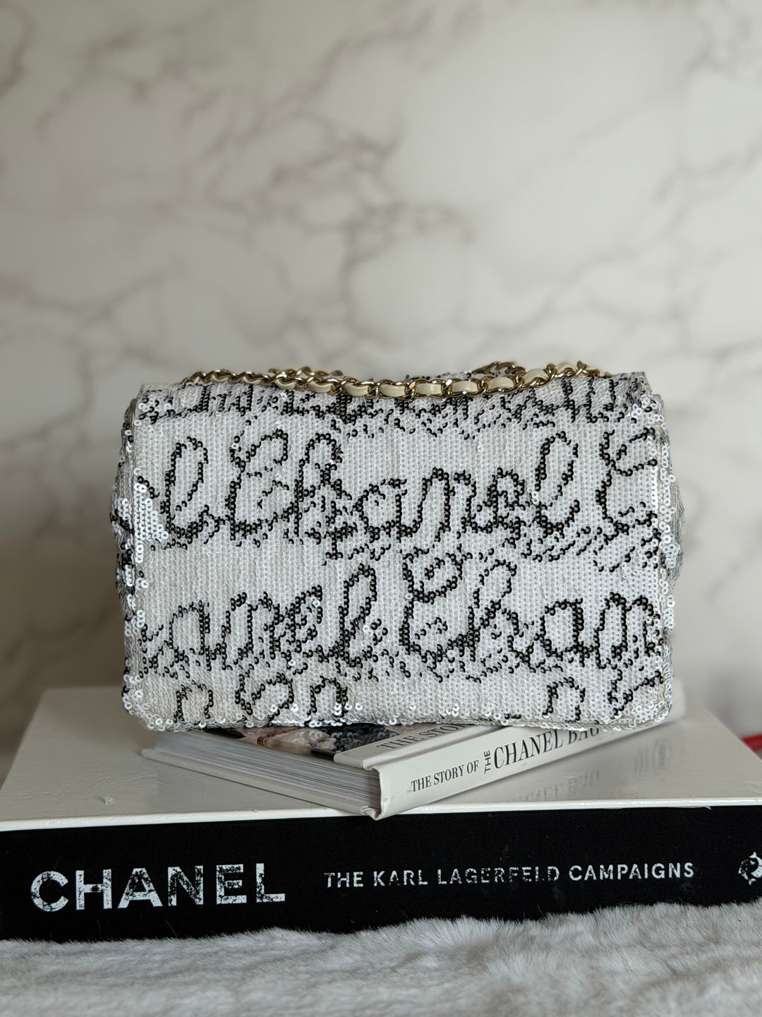 CHANEL 22C White and Black Sequin SMALL Flap Bag LGHW 2022