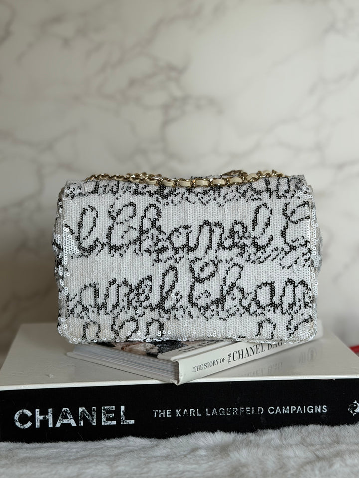 CHANEL 22C White and Black Sequin SMALL Flap Bag LGHW 2022