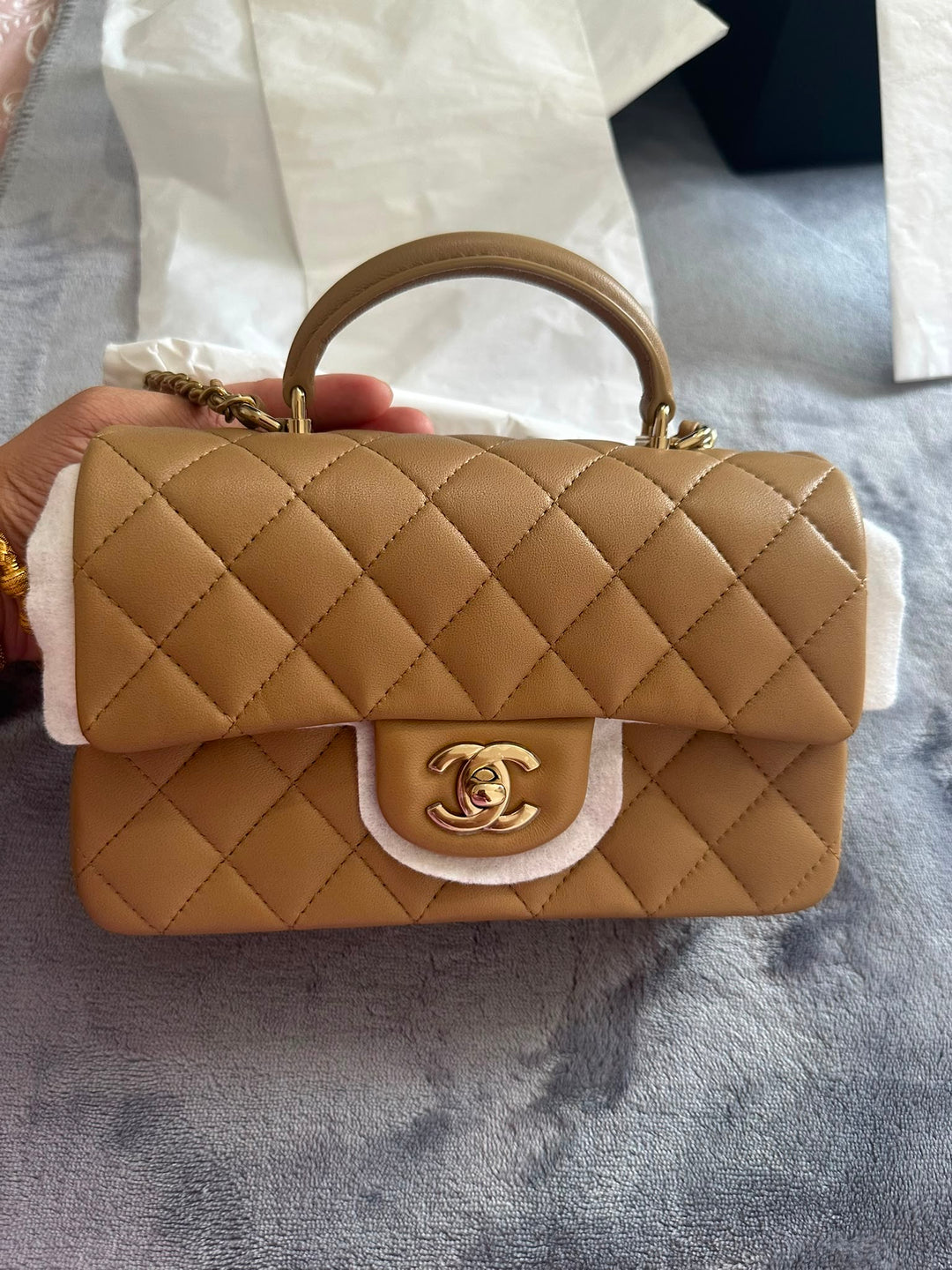 CHANEL Dark Beige LGHW Top Handle Mini Rectangular Flap Bag