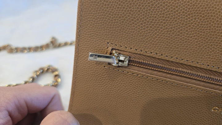 CHANEL 23P Caramel Dark Beige Caviar LGHW Classic Wallet On Chain (WOC)