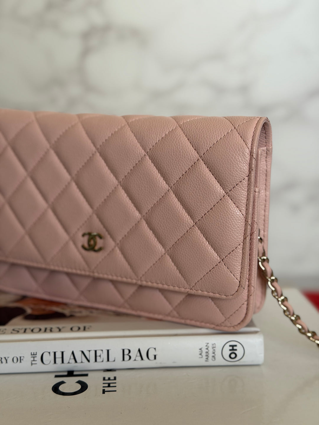 CHANEL Light pink/Nude pink caviar LGHW Classic Wallet on chain (WOC) 2024