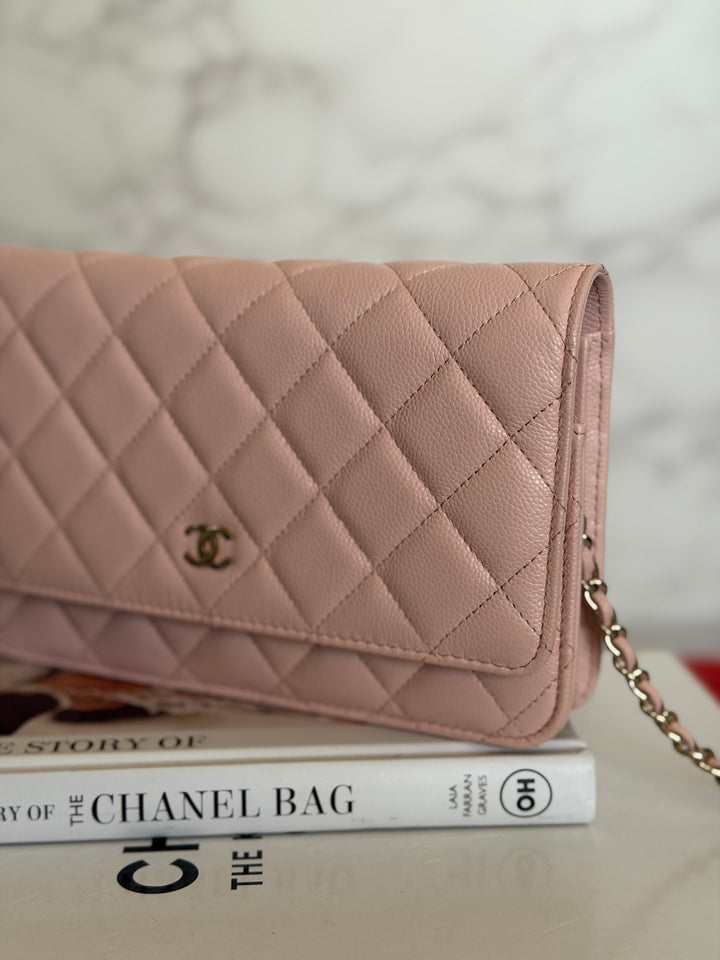 CHANEL Light pink/Nude pink caviar LGHW Classic Wallet on chain (WOC) 2024