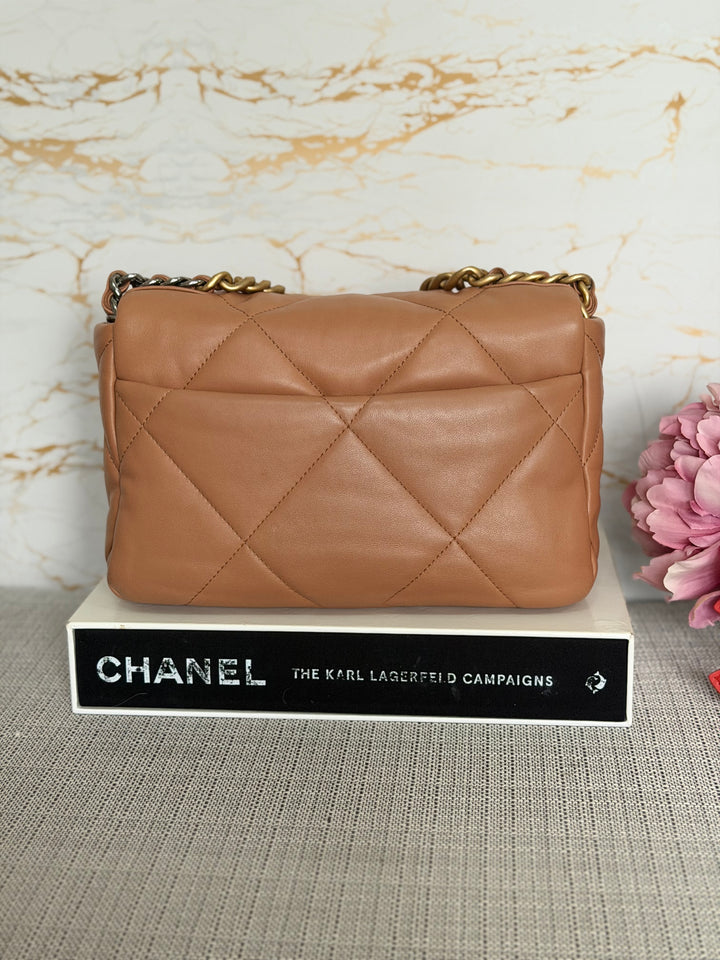 CHANEL Caramel Brown Lambskin Mixed Hardware 19 Flap Bag size SMALL 2022