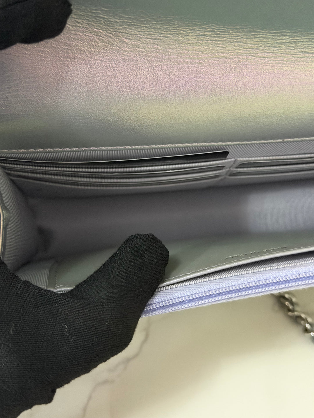 CHANEL 21K Silver Lambskin SHW Classic Wallet On Chain (WOC)