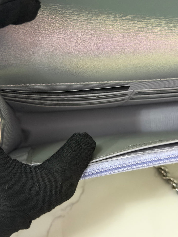 CHANEL 21K Silver Lambskin SHW Classic Wallet On Chain (WOC)